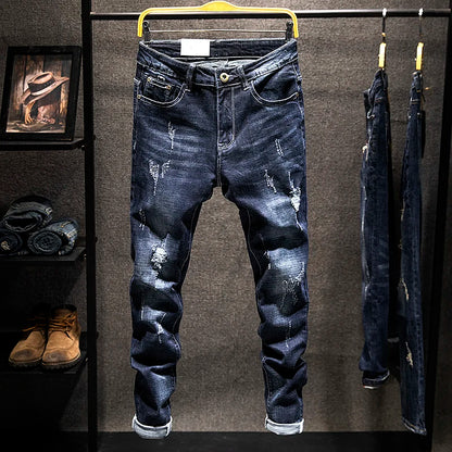 New Ripped Jeans for Men: Slim-Fit Denim Pants, Cotton, Korean Style, Elasticity, Versatile Blue & Black Men's Fashion