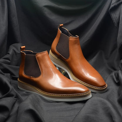 British Style Cow Genuine Leather Men's Chelsea Ankle Boots Slip-on Elastic Band High Top Sneakers Casual Dress Boot for Men
