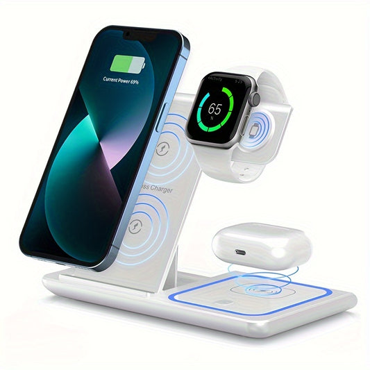 3-in-1 Wireless Charging Station: 15W MagSafe Fast Charger Stand with QC3.0 Adapter - Compatible with iPhone 15/14/13/12/11/Pro/Max/Mini/Plus, iWatch Ultra 9/8/7/6/5/4/3/2, AirPods 3/2