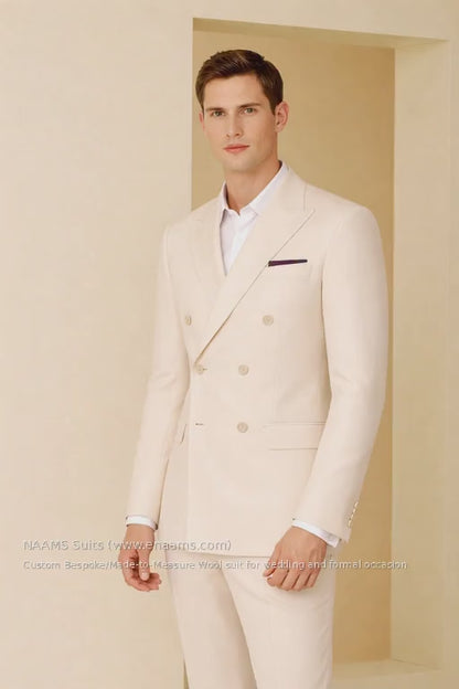 Light Yellow Super 110’s Wool Double-Breasted Peak Lapel Suit – 280g Signature Tailoring