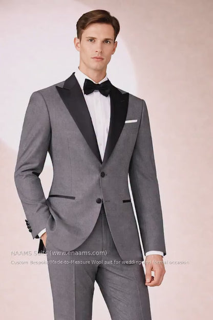 Grey Micro-Textured Super 110’s Wool Peak Lapel Tuxedo – 275g Modern Evening Tailoring
