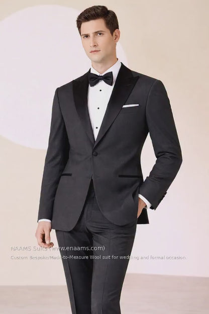Dark Grey Super 120’s Wool Peak Lapel Tuxedo – 280g Refined Evening Tailoring