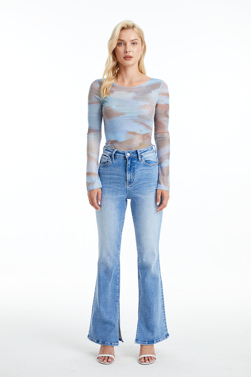 BAYEAS HIGH QUALITY HIGH RISE FLARE JEANS WITH SLIT - BYF1095