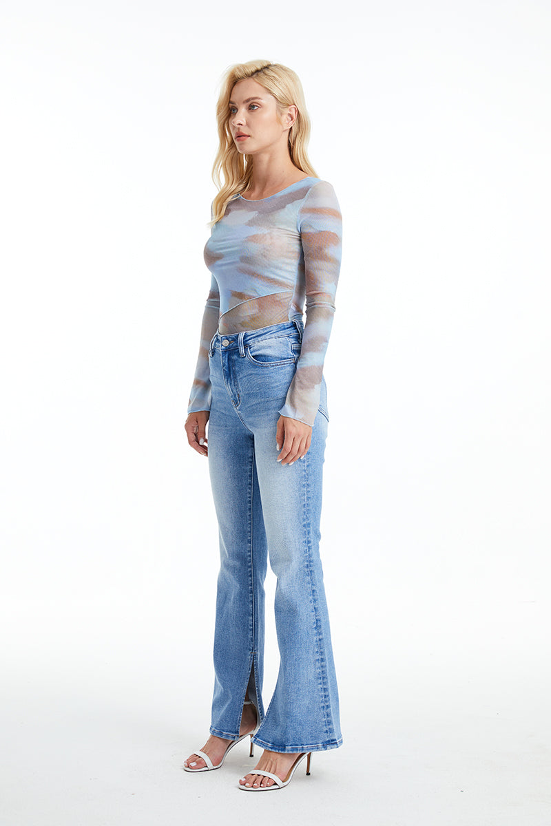 BAYEAS HIGH QUALITY HIGH RISE FLARE JEANS WITH SLIT - BYF1095