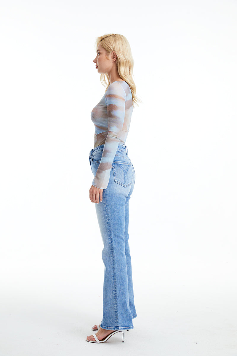 BAYEAS HIGH QUALITY HIGH RISE FLARE JEANS WITH SLIT - BYF1095