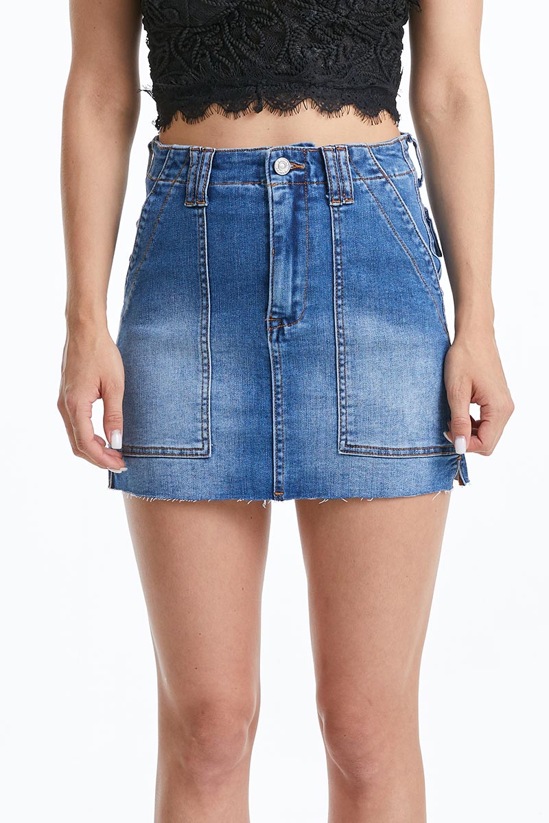BAYEAS HIGH QUALITY DARK BLUE SHORT DENIM SKIRT WITH POCKETS - BYK7021-MB