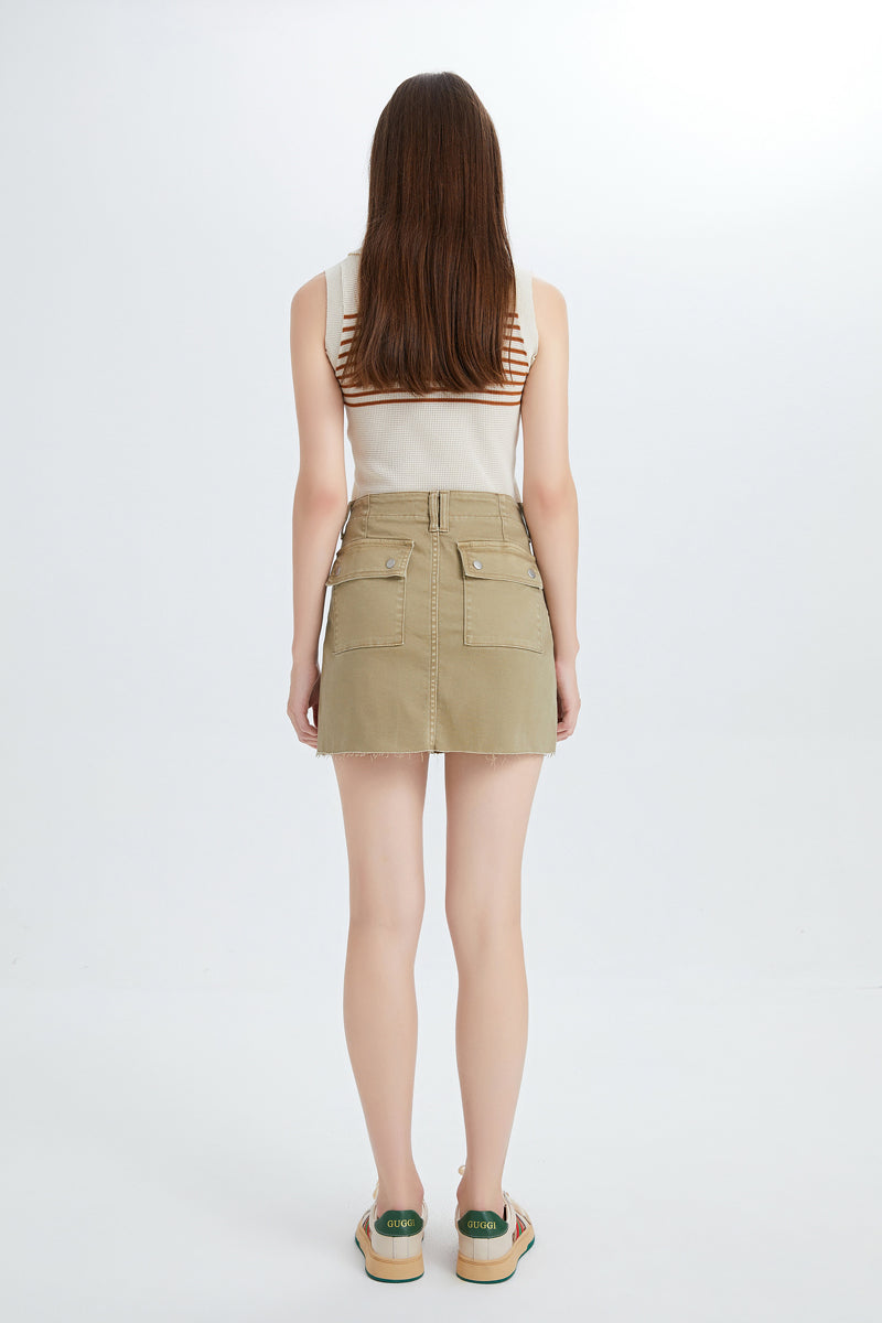 BAYEAS HIGH QUALITY KHAKI SHORT DENIM SKIRT WITH POCKETS - BYK7021-K