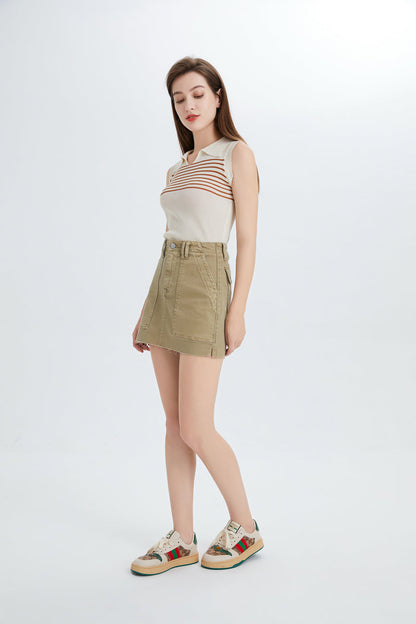 BAYEAS HIGH QUALITY KHAKI SHORT DENIM SKIRT WITH POCKETS - BYK7021-K