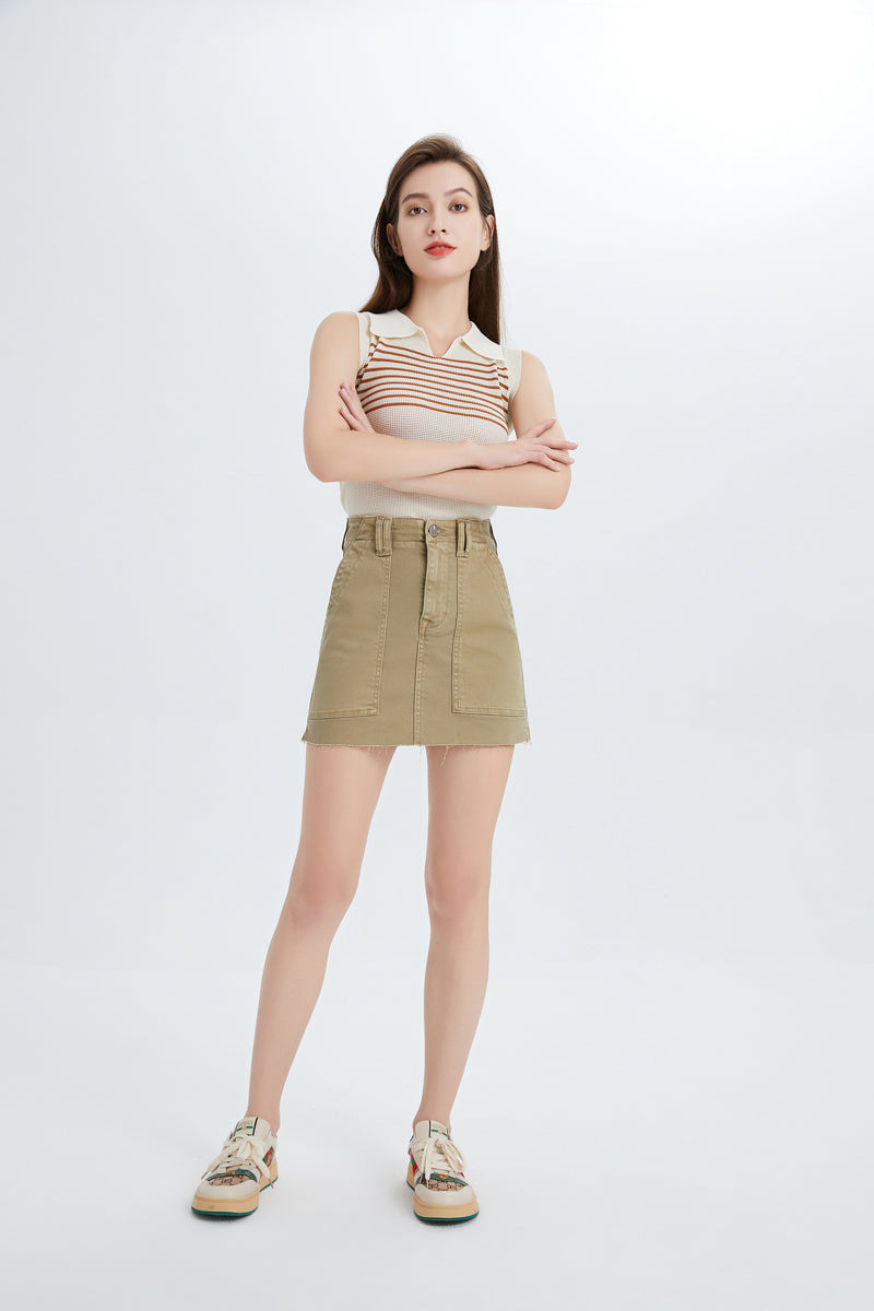 BAYEAS HIGH QUALITY KHAKI SHORT DENIM SKIRT WITH POCKETS - BYK7021-K