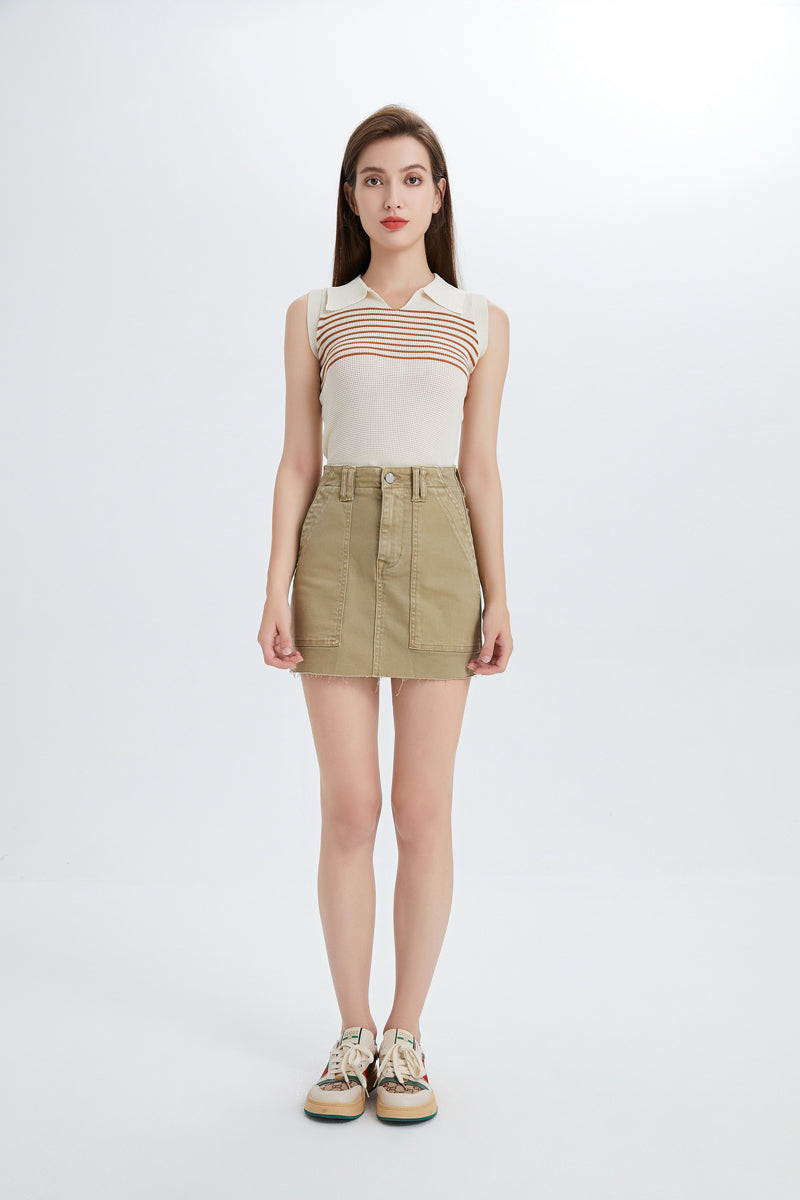 BAYEAS HIGH QUALITY KHAKI SHORT DENIM SKIRT WITH POCKETS - BYK7021-K