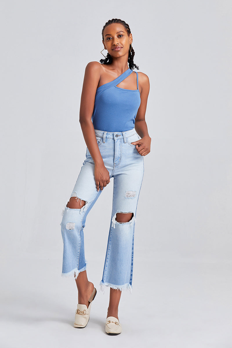 BAYEAS HIGH QUALITY HIGH RISE STRAIGHT RIPPED JEANS - BYT5120