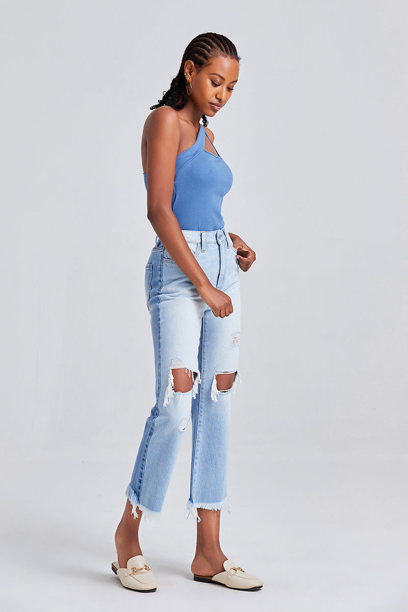 BAYEAS HIGH QUALITY HIGH RISE STRAIGHT RIPPED JEANS - BYT5120