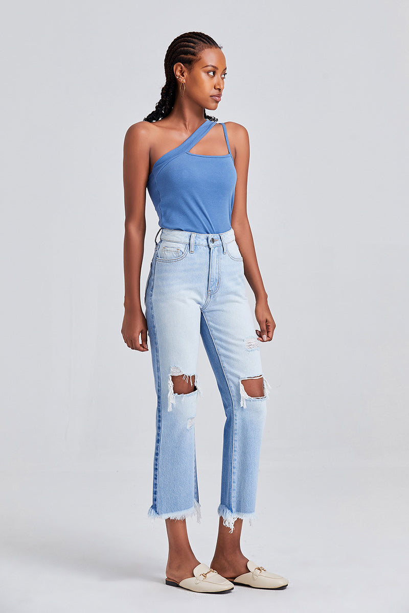 BAYEAS HIGH QUALITY HIGH RISE STRAIGHT RIPPED JEANS - BYT5120