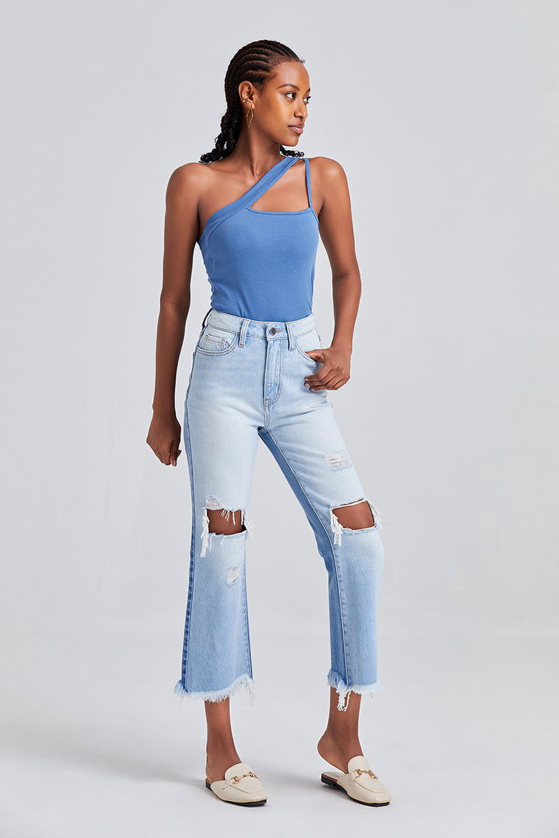 BAYEAS HIGH QUALITY HIGH RISE STRAIGHT RIPPED JEANS - BYT5120