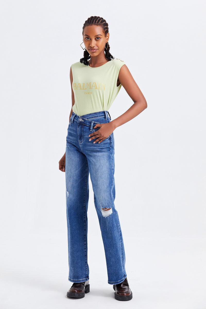 BAYEAS HIGH QUALITY SUPER HIGH RISE CROSS OVER WIDE LEG JEANS - BYW8003