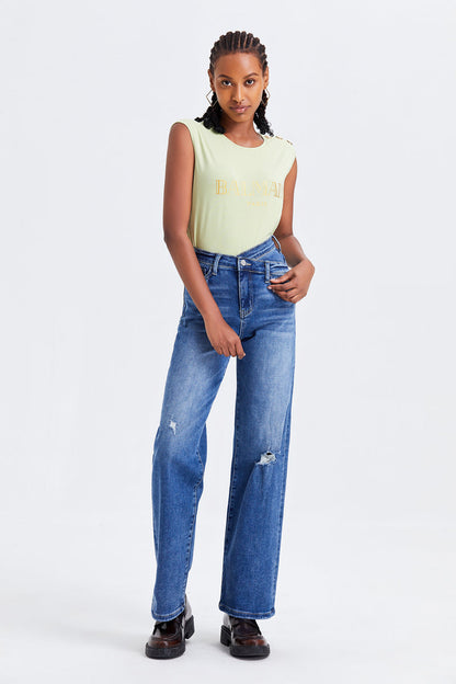 BAYEAS HIGH QUALITY SUPER HIGH RISE CROSS OVER WIDE LEG JEANS - BYW8003