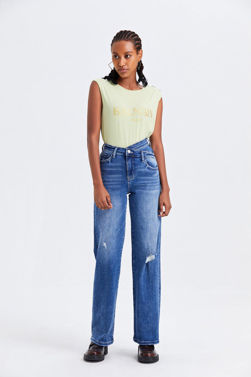 BAYEAS HIGH QUALITY SUPER HIGH RISE CROSS OVER WIDE LEG JEANS - BYW8003