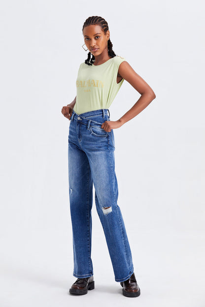 BAYEAS HIGH QUALITY SUPER HIGH RISE CROSS OVER WIDE LEG JEANS - BYW8003