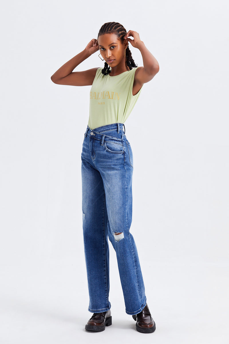 BAYEAS HIGH QUALITY SUPER HIGH RISE CROSS OVER WIDE LEG JEANS - BYW8003