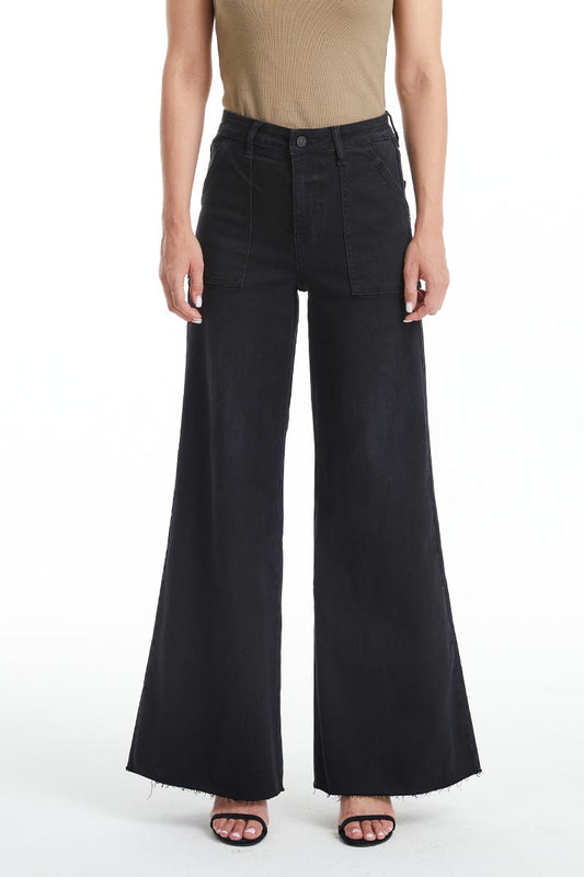 BAYEAS HIGH QUALITY BLACK UTILITY PATCH POCKET WIDE LEG JEAN - BYW8103-B