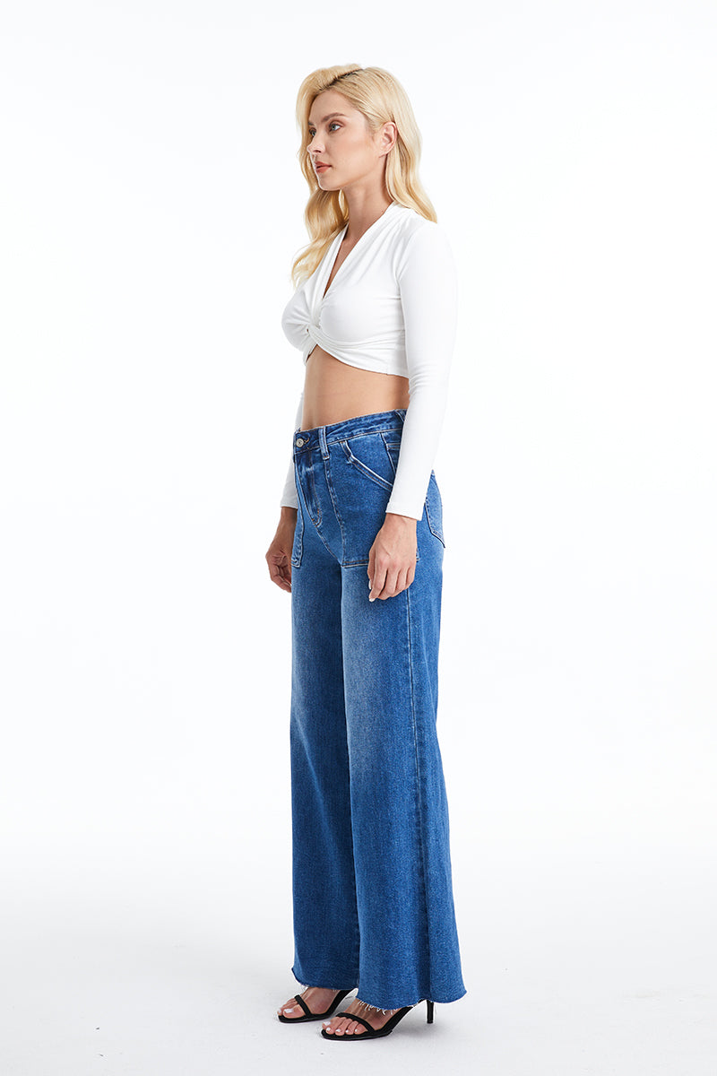 BAYEAS HIGH QUALITY DARK BLUE UTILITY PATCH POCKET WIDE LEG JEAN - BYW8103-DB