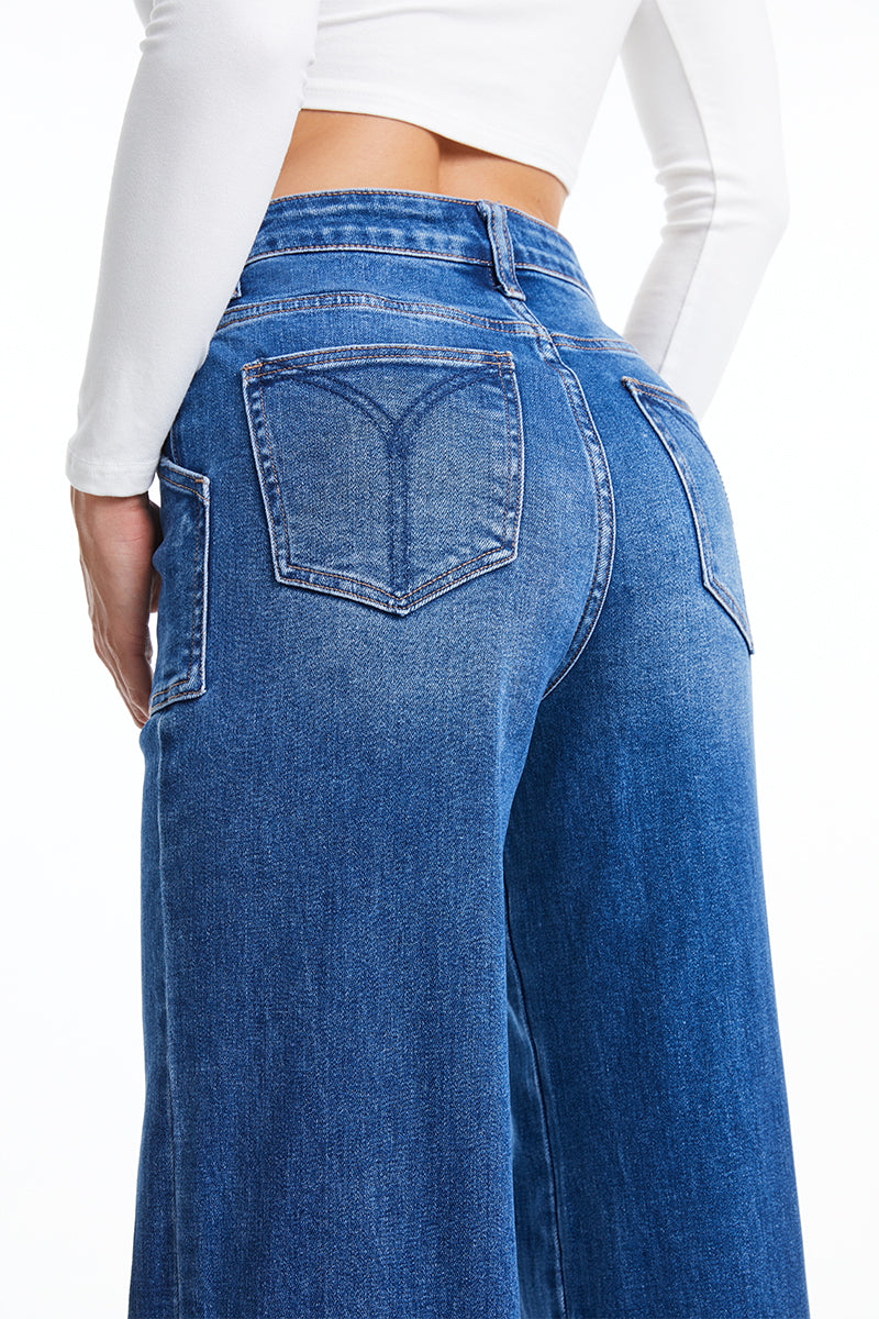 BAYEAS HIGH QUALITY DARK BLUE UTILITY PATCH POCKET WIDE LEG JEAN - BYW8103-DB