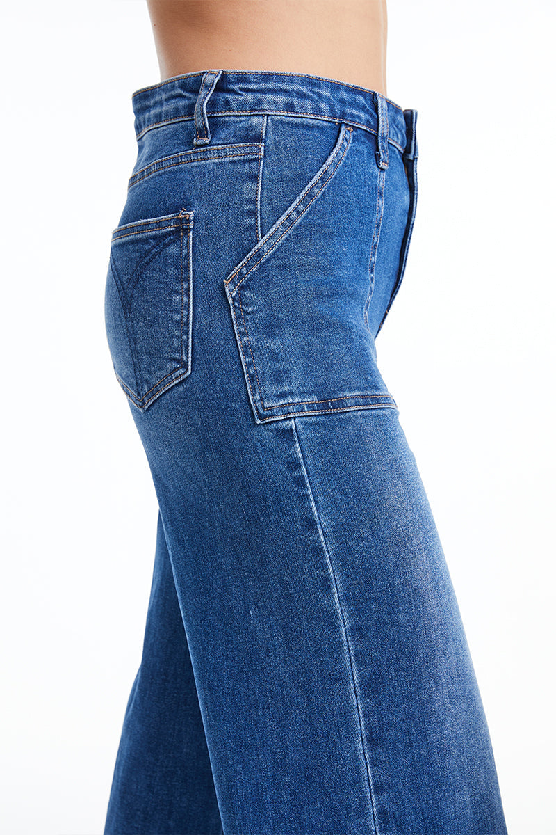 BAYEAS HIGH QUALITY DARK BLUE UTILITY PATCH POCKET WIDE LEG JEAN - BYW8103-DB