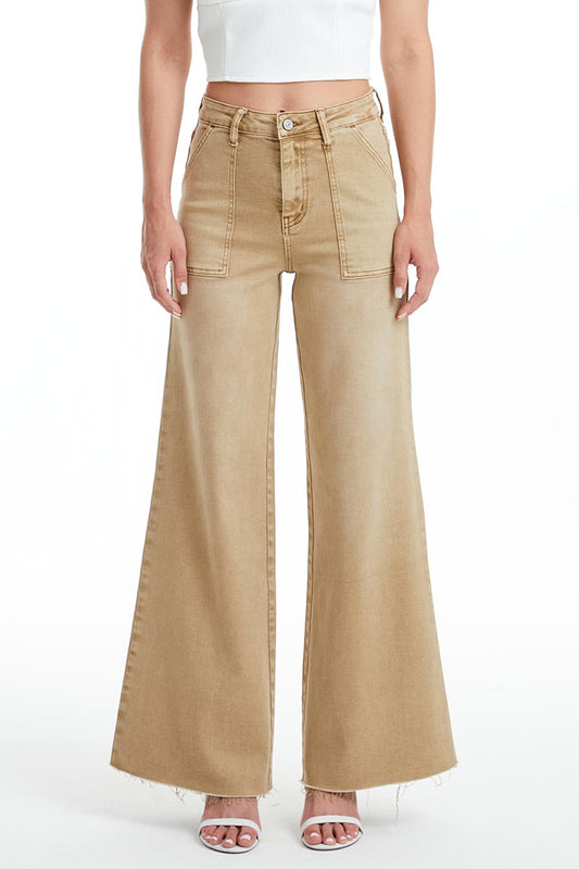 BAYEAS HIGH QUALITY KHAKI UTILITY PATCH POCKET WIDE LEG JEAN - BYW8103-K