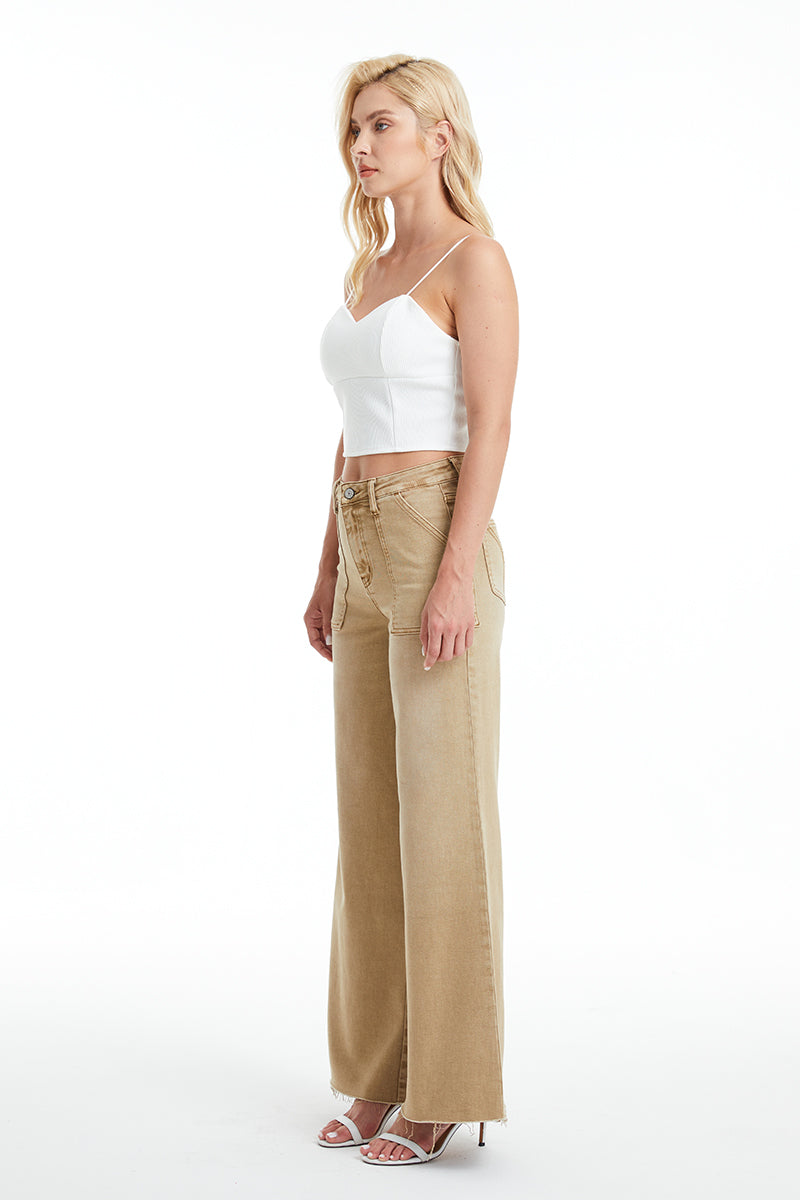 BAYEAS HIGH QUALITY KHAKI UTILITY PATCH POCKET WIDE LEG JEAN - BYW8103-K