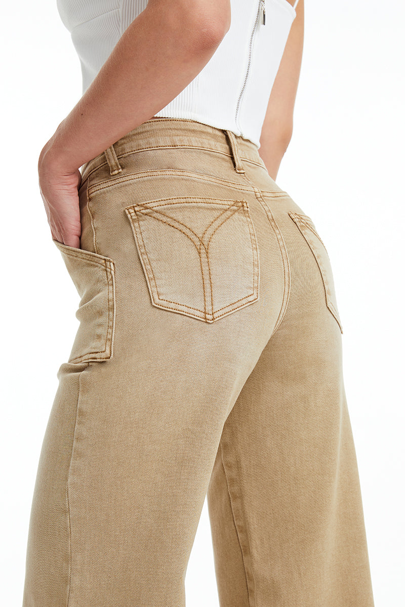 BAYEAS HIGH QUALITY KHAKI UTILITY PATCH POCKET WIDE LEG JEAN - BYW8103-K