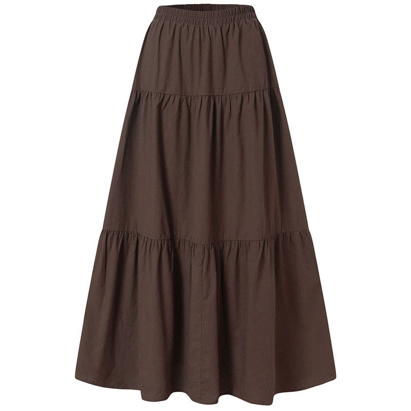 Women's Ruffles Long Solid Loose Elastic Waist Skirt (4 Colors)