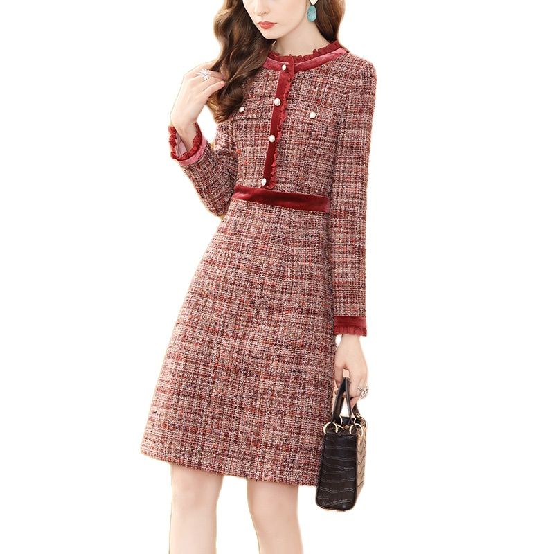 Women's Vintage Tweed Wine Diamonds Ruffle Plaid Beaded Woolen Winter Dress