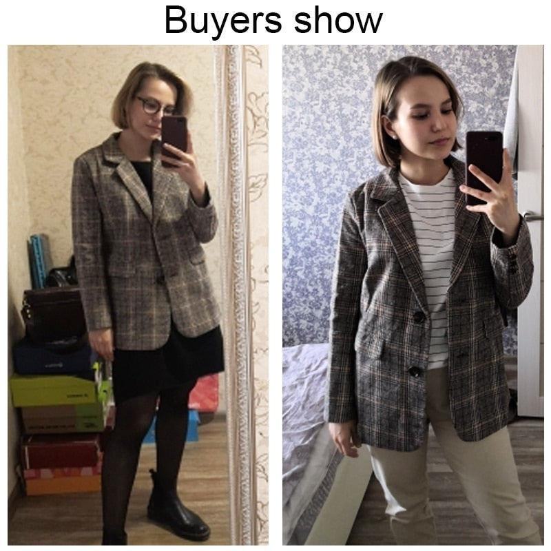 Women's Vintage Single Breasted Long Sleeve Loose Plaid Office Blazer