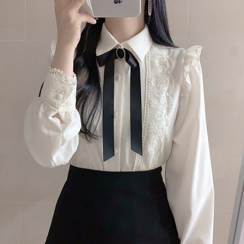 Womens Ruffled Work Wear Single Breasted Button Solid Peter Pan Collar Blouse