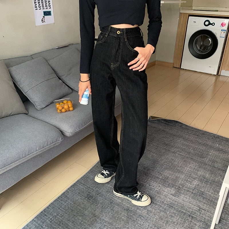 Women's High Waist Straight Baggy Black Fashion Streetwear Wide Leg Jean