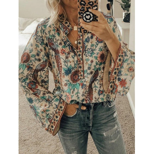 Womens Printed Loose Tops Stand V Neck Long Sleeves Button Blouse (9 Colors)