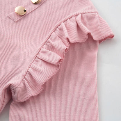 Women's Long Sleeve Knitwear Rib Ruffle Buttons Blouse (4 Colors)