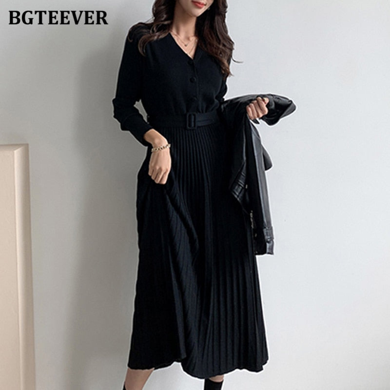 Women's V-neck Single-breasted Knitted Belted Thick Soft Sweater Dress (3 Colors)