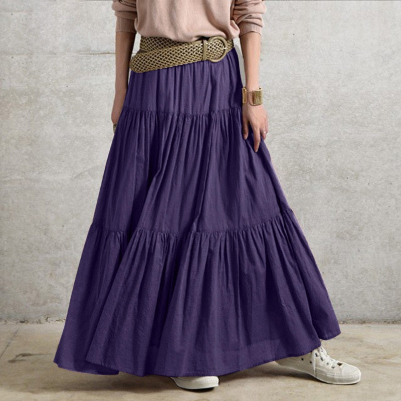 Women's Ruffles Long Solid Loose Elastic Waist Skirt (4 Colors)