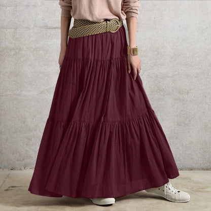 Women's Ruffles Long Solid Loose Elastic Waist Skirt (4 Colors)