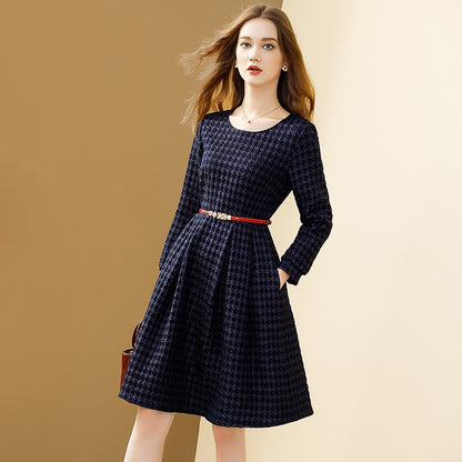 Women's Winter Navy Blue Bird Lattice Elegant Autumn A-line O-neck Slim With Belt