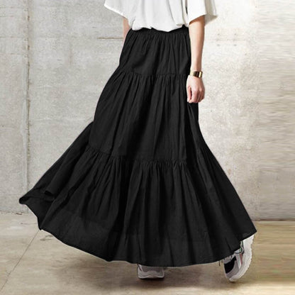 Women's Ruffles Long Solid Loose Elastic Waist Skirt (4 Colors)