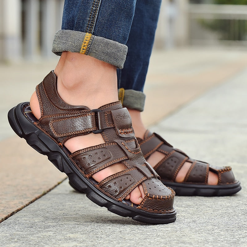 Genuine Leather Men's Breathable Hook & Loop Walking Sandals (2 Colors)
