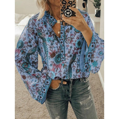 Womens Printed Loose Tops Stand V Neck Long Sleeves Button Blouse (9 Colors)