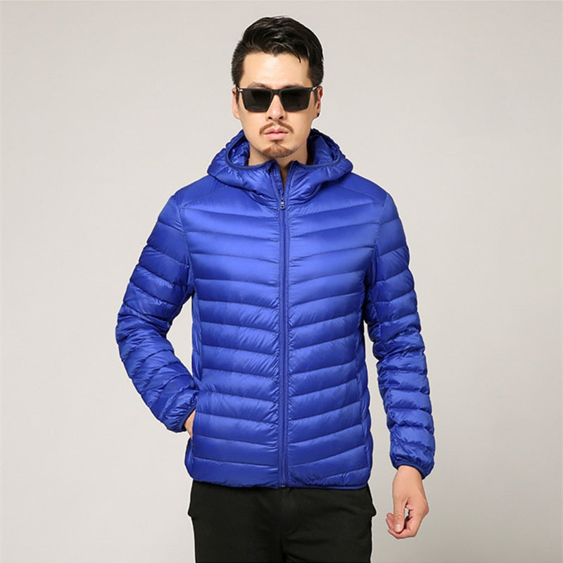 Men's Ultra Lightweight Water and Wind-Resistant Packable Down Hooded Jacket - Collection 1 (7 Colors)