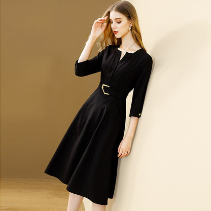 Women's Autumn Black Elegant Solid V-neck A-Line All-match Dress with Belt