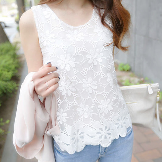 Women's Lace Elegant Sleeveless Blusas Crochet Casual Flower Tops (6 Options)