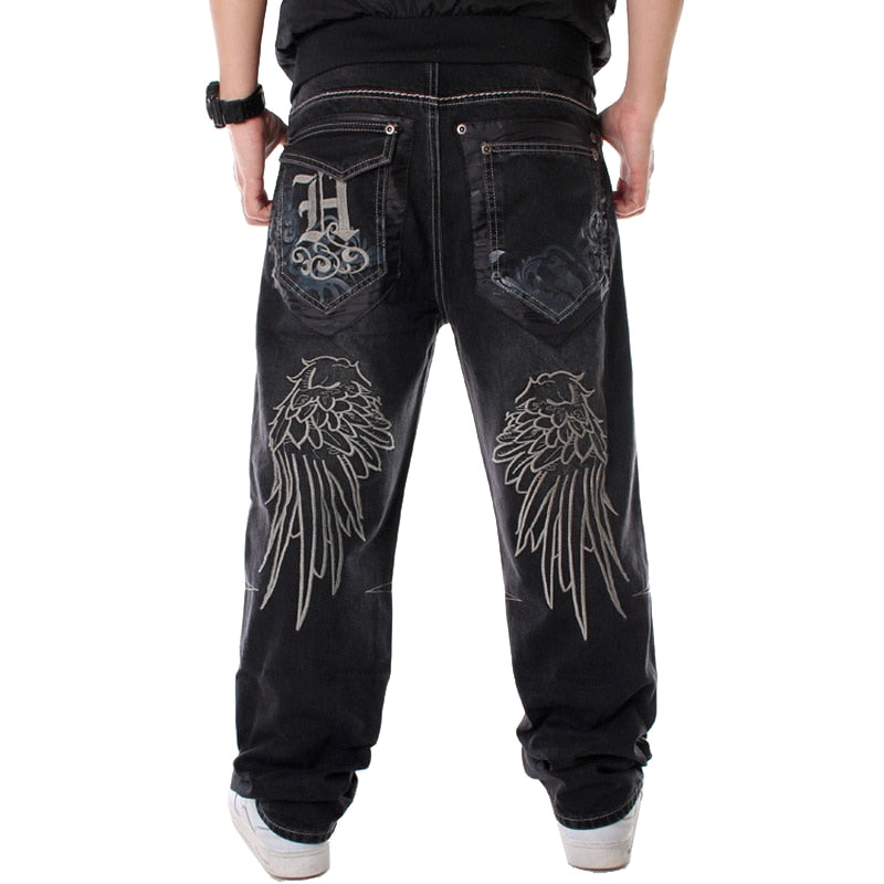 Men's Baggy Fashion Embroidery Black Loose Wide Legs Board Denim Pants - Collection 2 (8 Styles)