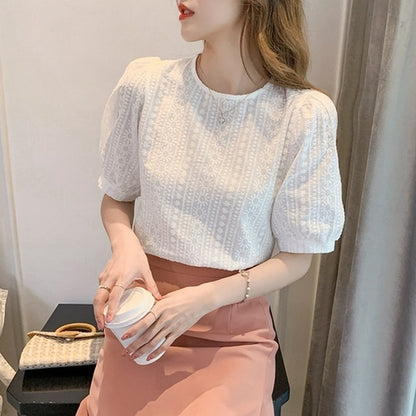 Korean Embroidery Floral Loose Lace O Neck Casual Women's Short Sleeve Tops