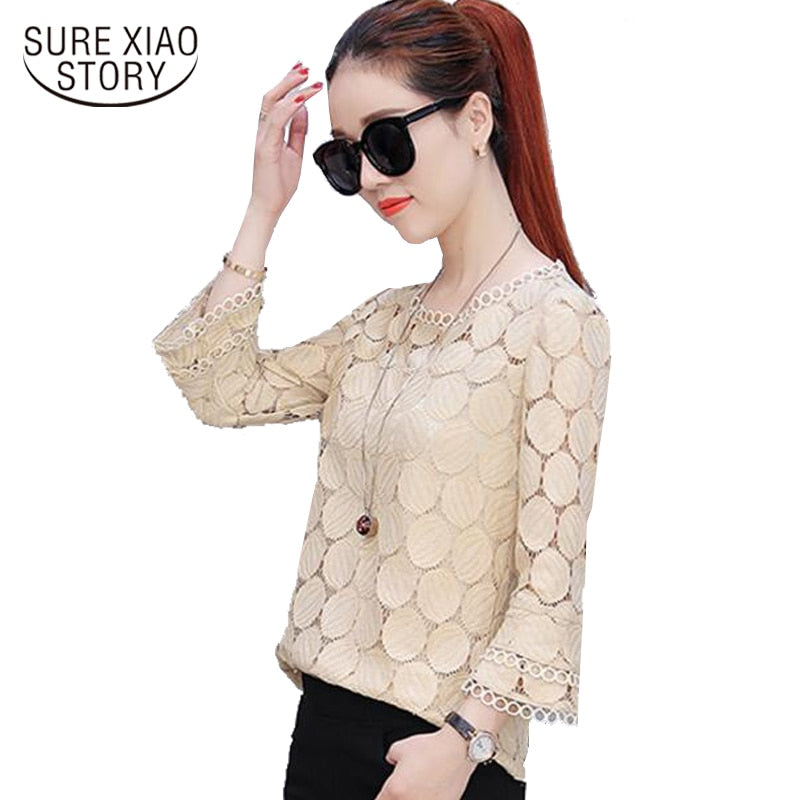 Women's Lace Flare Sleeve Solid Hollow Chiffon Tops (3 Colors)